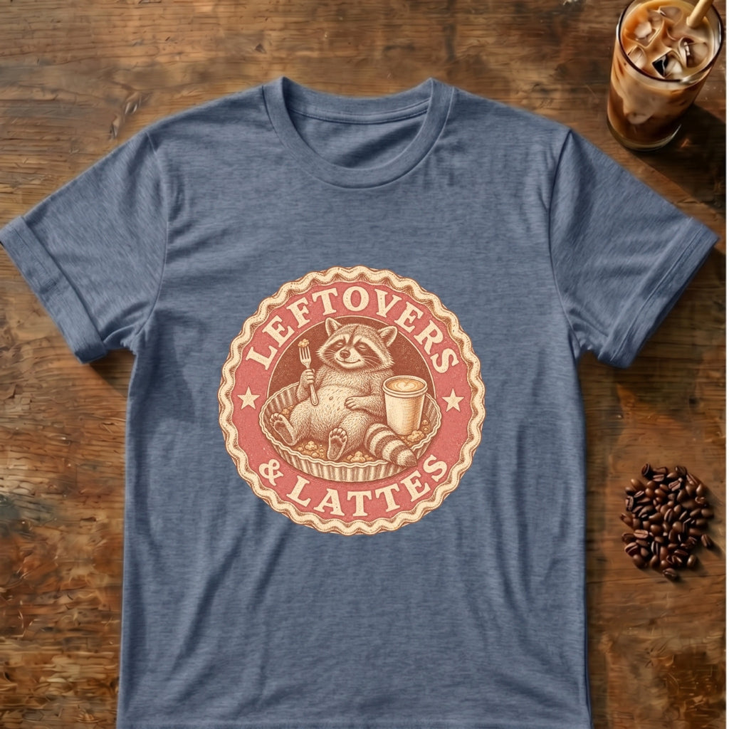 Raccoon graphic for Leftovers & Lattes Raccoon on Heather-Indigo T-shirt