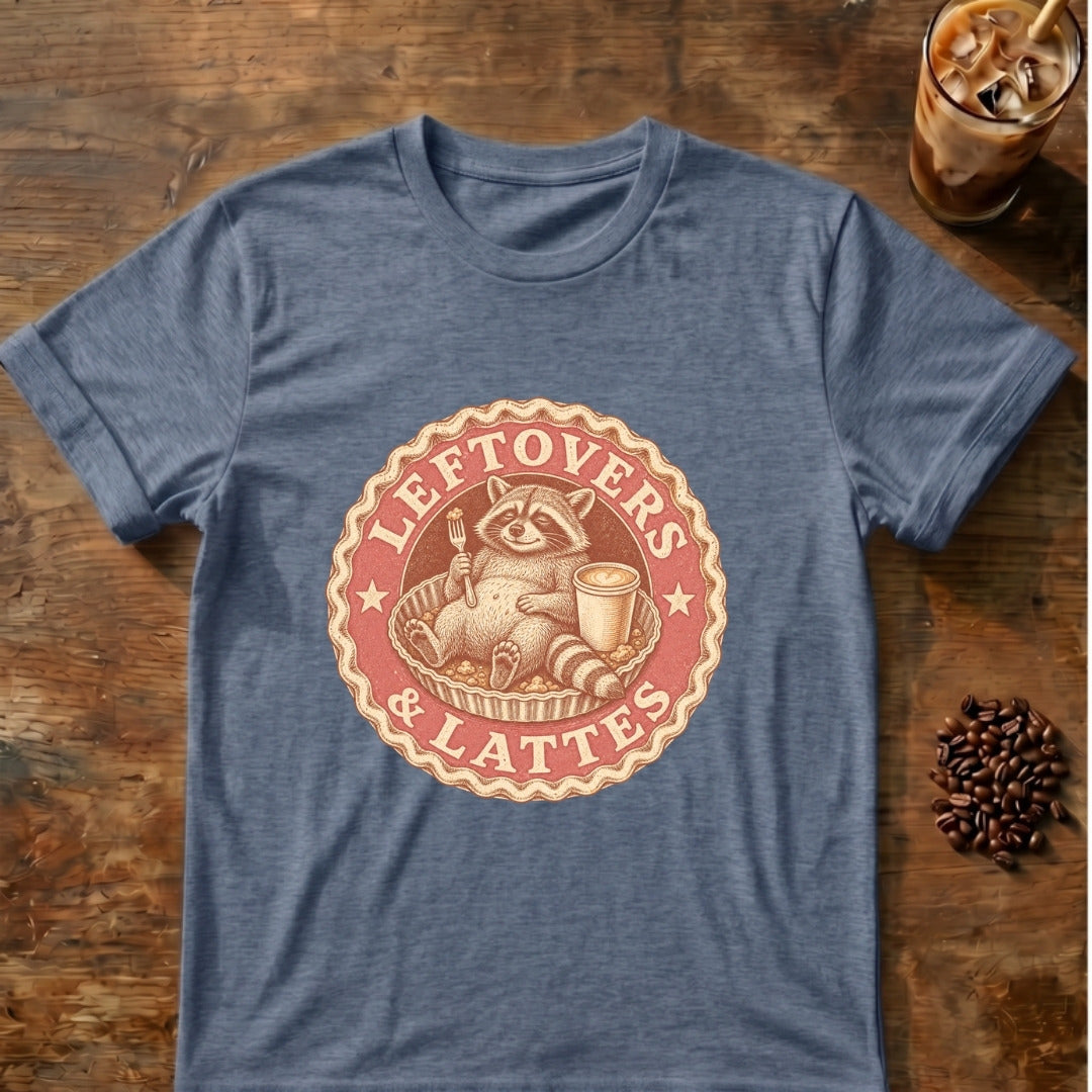Raccoon graphic for Leftovers & Lattes Raccoon on Heather-Indigo T-shirt