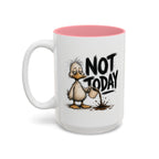 Not Today Duck Coffee Mug, 15 oz, white with pink interior. Wild-haired duck watching his coffee spill from a tipped mug