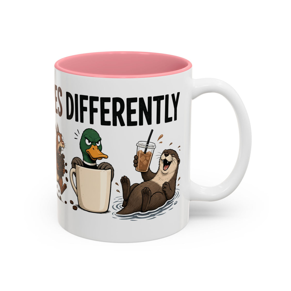 Everyone Copes Differently Animal Coffee Mug, another view. Wraparound mug with a raccoon, sloth, squirrel, duck and otter coping with coffee under “Everyone Copes Differently”