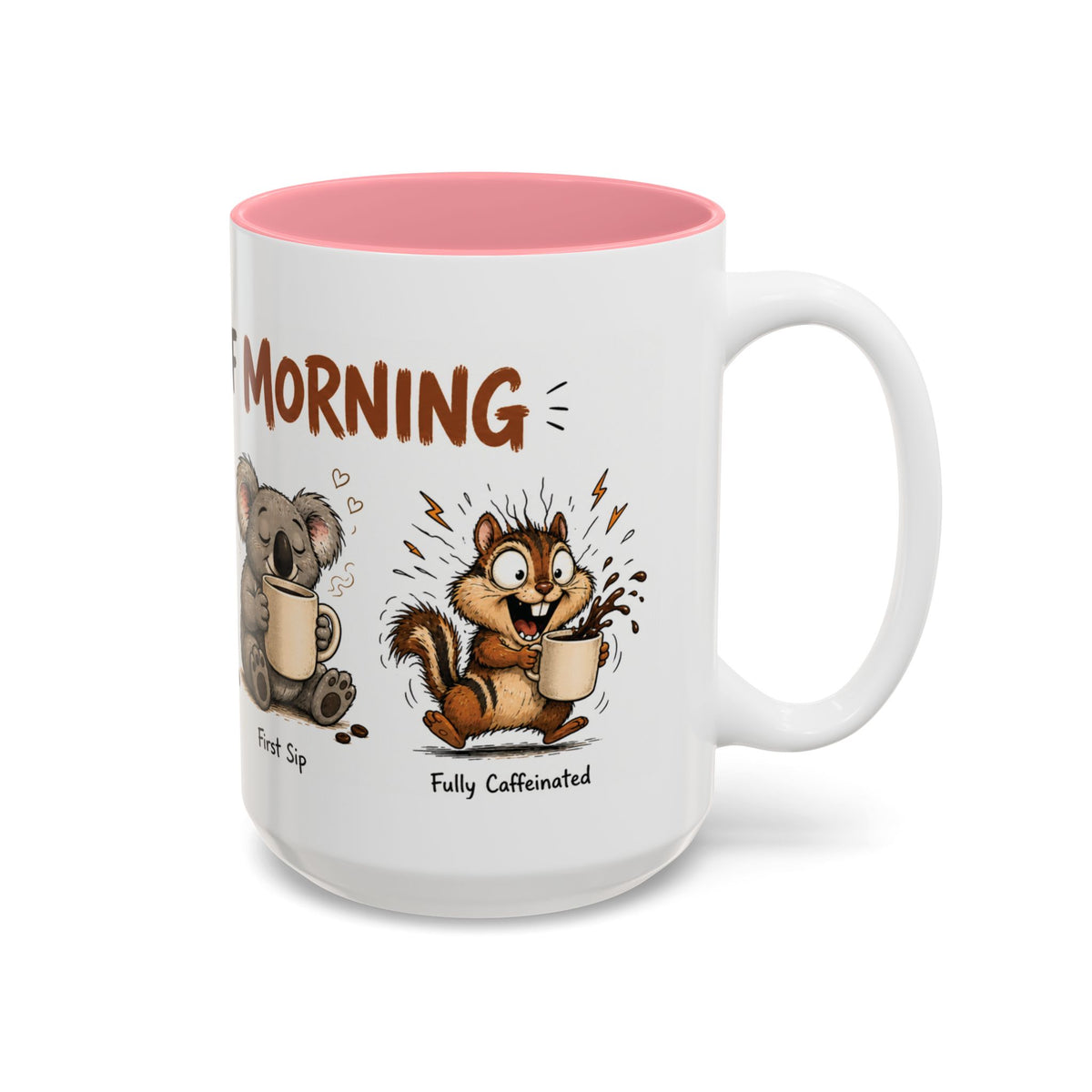 Stages of Morning Animal Coffee Mug, another view. Wraparound mug of cute animals, including a koala and a skunk, going through the “Stages of Morning” with coffee