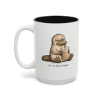 Still Not Fully Charged Platypus Coffee Mug, another view. Sleepy platypus sipping iced coffee with “still not fully charged” text
