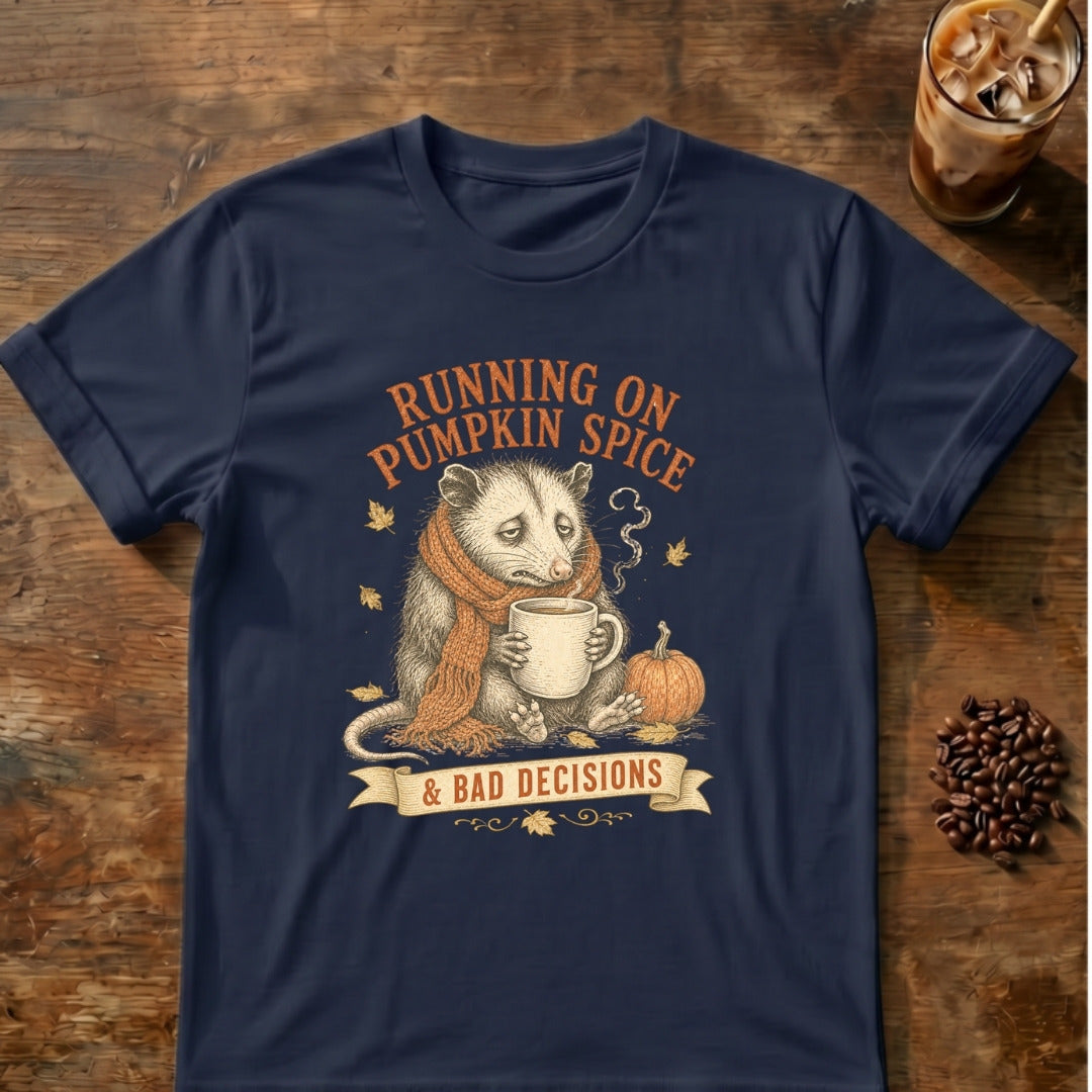 Opossum graphic for Pumpkin Spice & Bad Decisions Opossum on Navy T-shirt