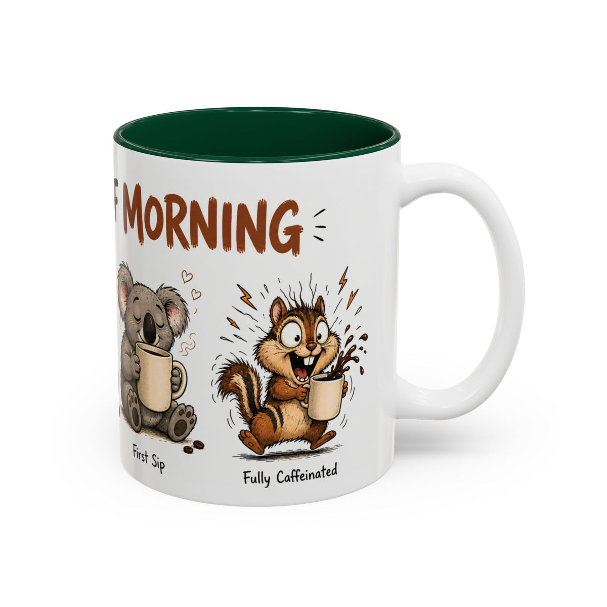 Stages of Morning Animal Coffee Mug, another view. Wraparound mug of cute animals, including a koala and a skunk, going through the “Stages of Morning” with coffee