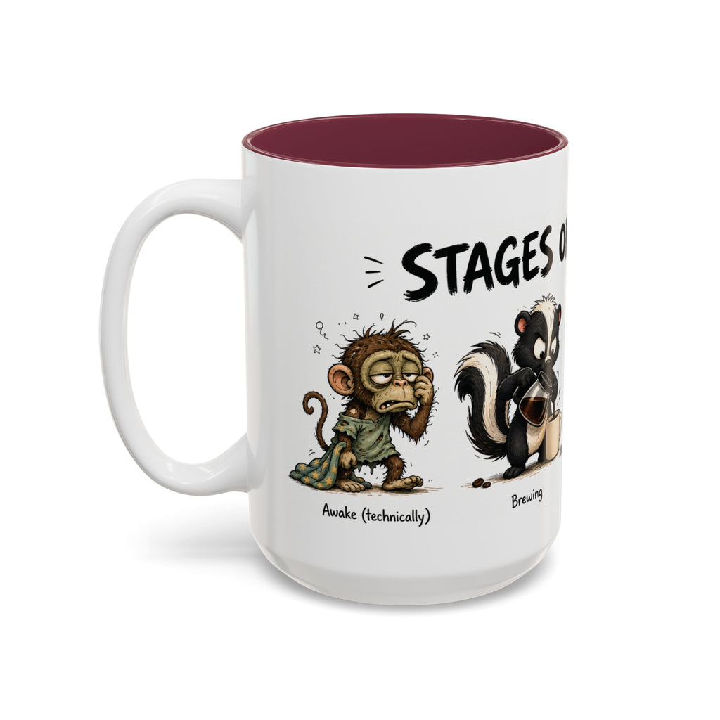 Stages of Morning Animal Coffee Mug, 15 oz, white with maroon interior. Wraparound mug of cute animals, including a koala and a skunk, going through the “Stages of Morning” with coffee