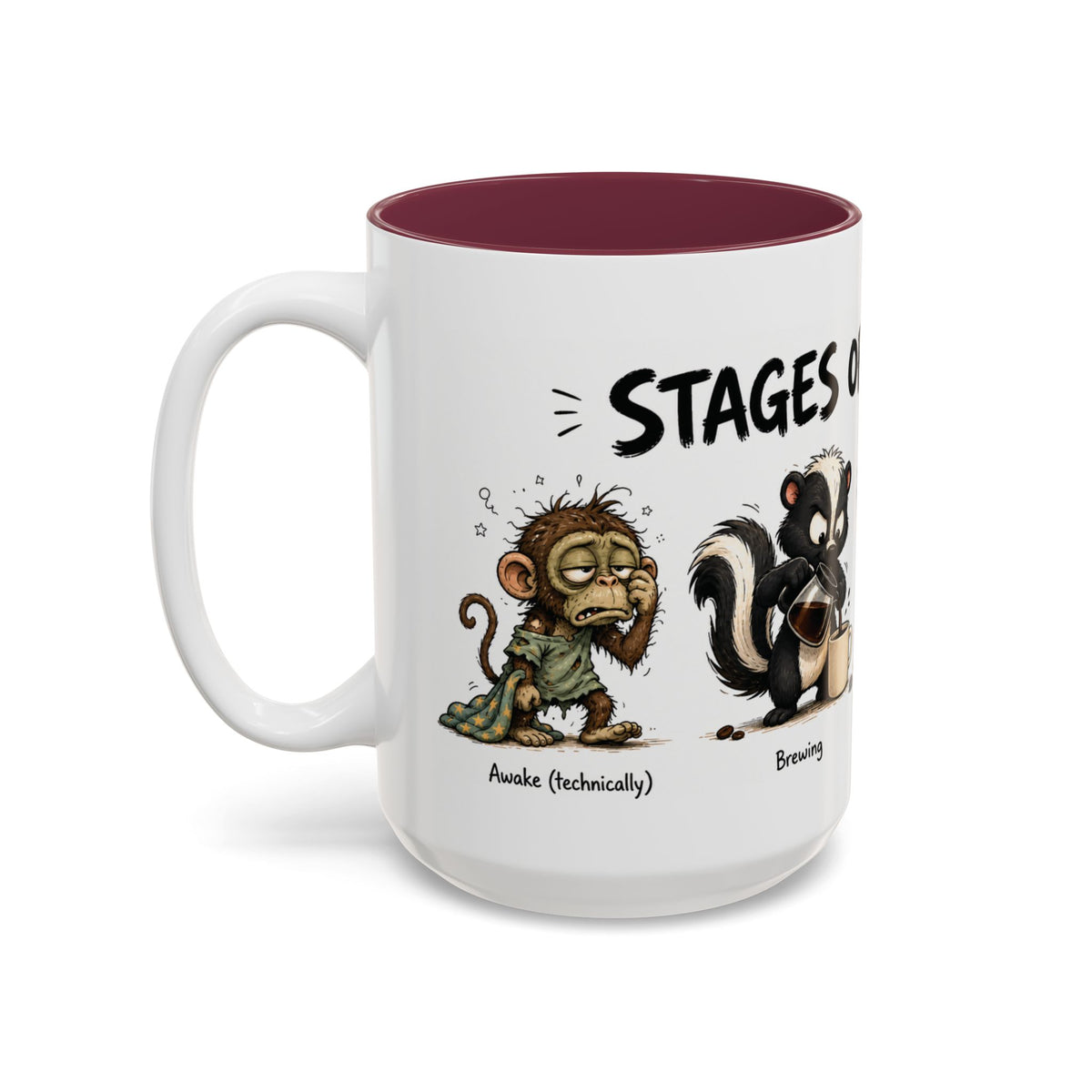 Stages of Morning Animal Coffee Mug, 15 oz, white with maroon interior. Wraparound mug of cute animals, including a koala and a skunk, going through the “Stages of Morning” with coffee