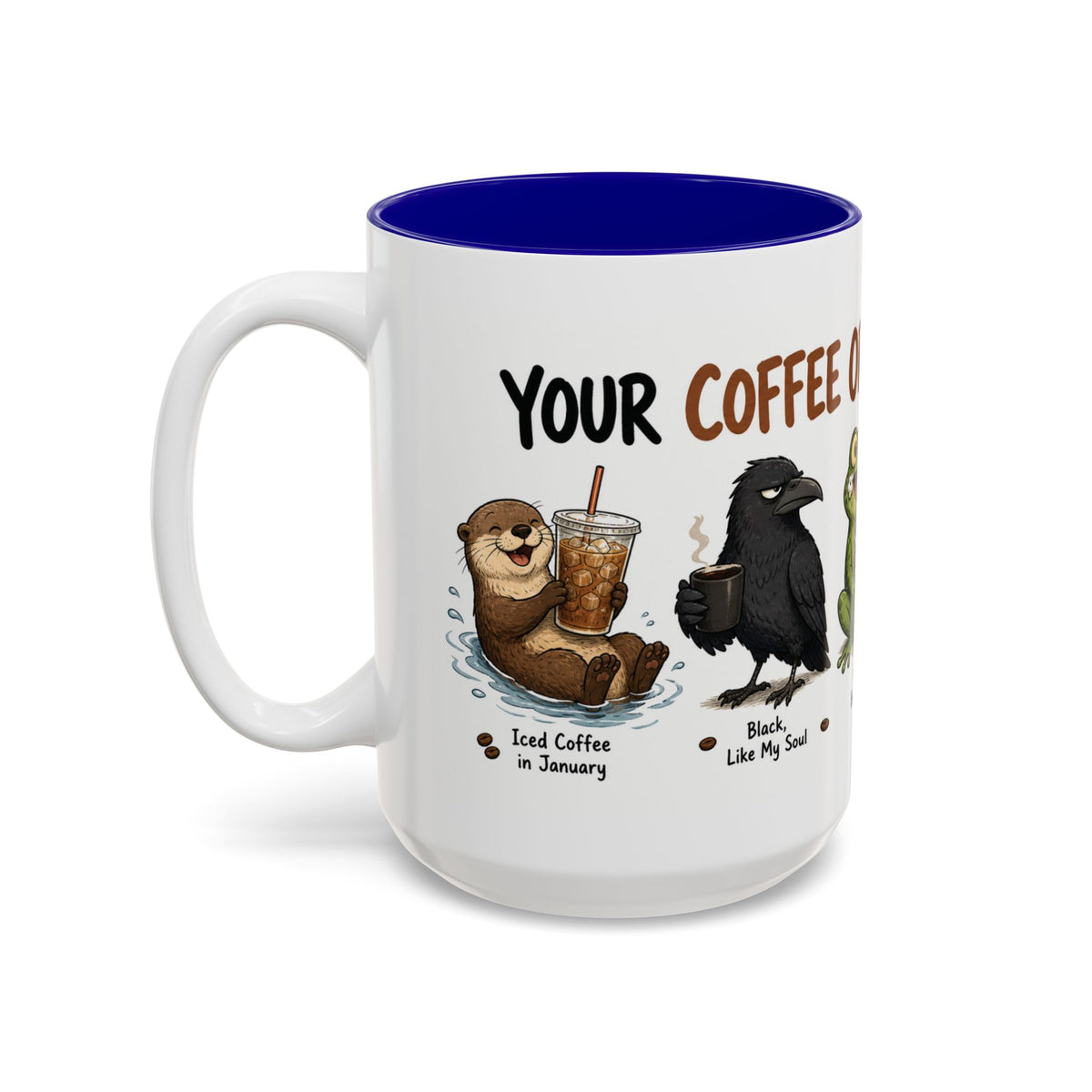 Coffee Order Personalities Animal Mug, 15 oz, white with blue interior. Wraparound mug of cute cartoon animals, each matched to a different coffee order