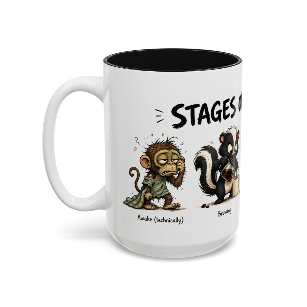 Stages of Morning Animal Coffee Mug, 15 oz, white with black interior. Wraparound mug of cute animals, including a koala and a skunk, going through the “Stages of Morning” with coffee