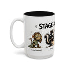 Stages of Morning Animal Coffee Mug, 15 oz, white with black interior. Wraparound mug of cute animals, including a koala and a skunk, going through the “Stages of Morning” with coffee