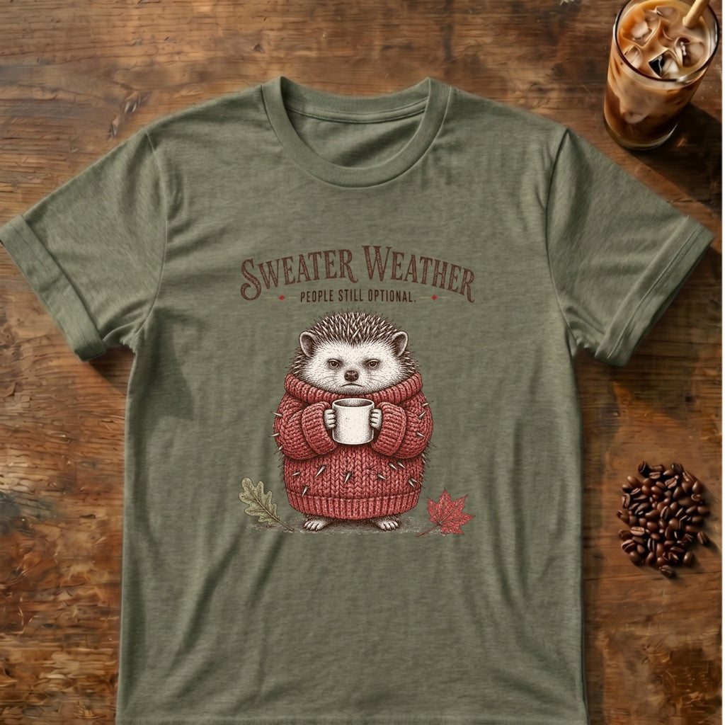 Hedgehog graphic for Sweater Weather Hedgehog on Heather-Military-Green T-shirt