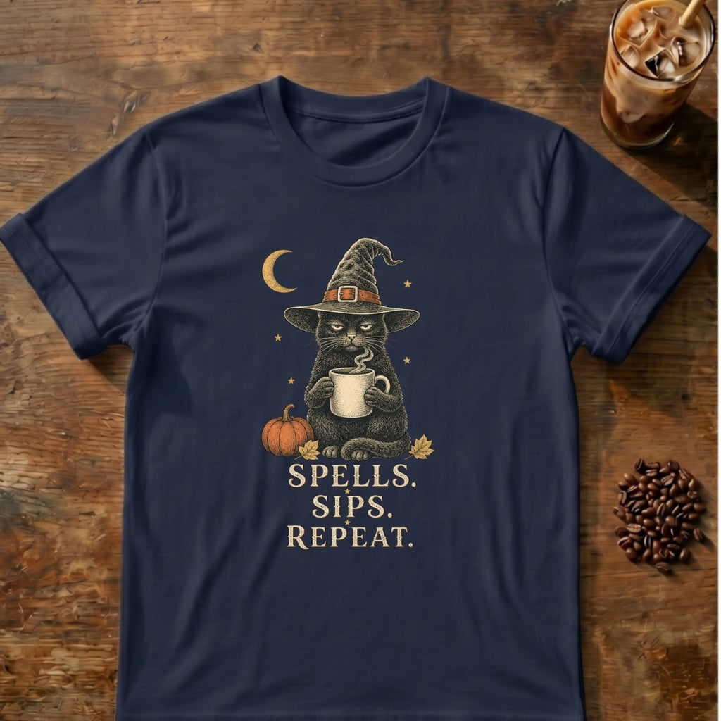 Cat graphic for Spells Sips Repeat Cat on Navy T-shirt