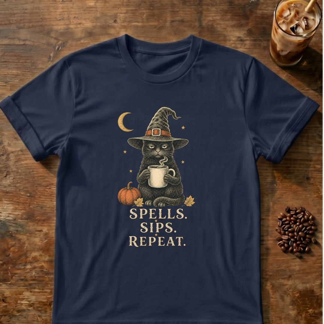 Cat graphic for Spells Sips Repeat Cat on Navy T-shirt