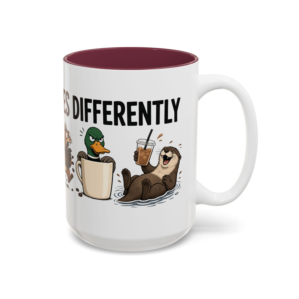 Everyone Copes Differently Animal Coffee Mug, another view. Wraparound mug with a raccoon, sloth, squirrel, duck and otter coping with coffee under “Everyone Copes Differently”