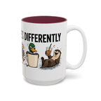 Everyone Copes Differently Animal Coffee Mug, another view. Wraparound mug with a raccoon, sloth, squirrel, duck and otter coping with coffee under “Everyone Copes Differently”