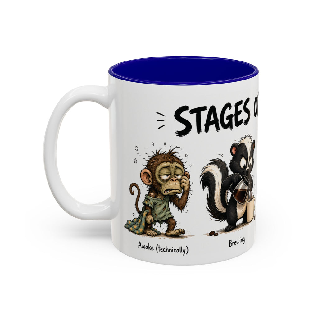 Stages of Morning Animal Coffee Mug, 11 oz, white with blue interior. Wraparound mug of cute animals, including a koala and a skunk, going through the “Stages of Morning” with coffee