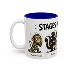 Stages of Morning Animal Coffee Mug, 11 oz, white with blue interior. Wraparound mug of cute animals, including a koala and a skunk, going through the “Stages of Morning” with coffee