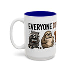 Everyone Copes Differently Animal Coffee Mug, 15 oz, white with blue interior. Wraparound mug with a raccoon, sloth, squirrel, duck and otter coping with coffee under “Everyone Copes Differently”