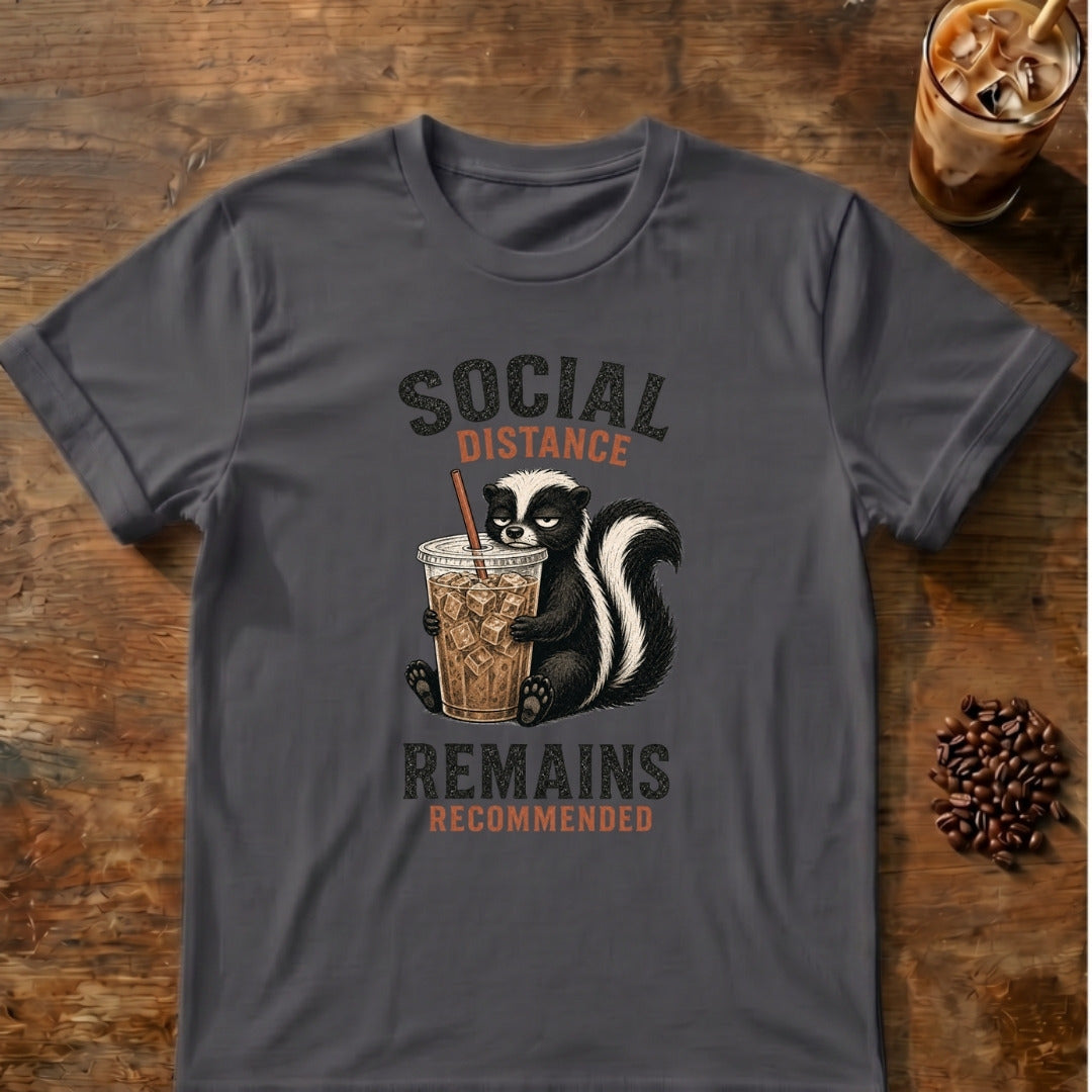 Skunk graphic for Social Distance Remains Skunk on Charcoal T-shirt