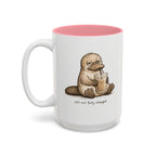 Still Not Fully Charged Platypus Coffee Mug, another view. Sleepy platypus sipping iced coffee with “still not fully charged” text
