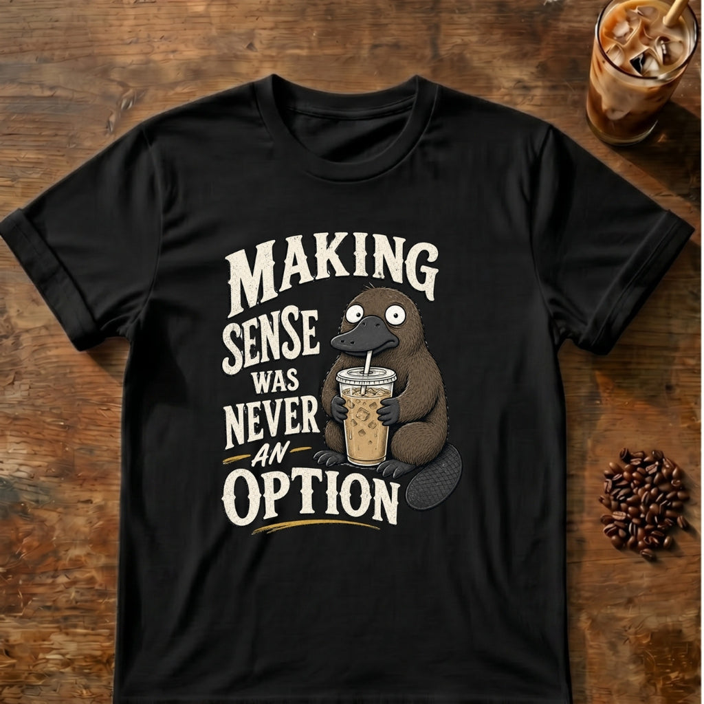 Platypus graphic for Making Sense Was Never an Option Platypus on Black T-shirt