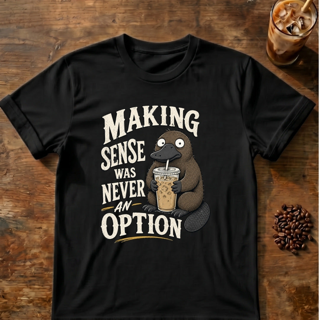 Platypus graphic for Making Sense Was Never an Option Platypus on Black T-shirt