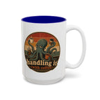 Handling It With Coffee Octopus Mug, another view. Sleepy octopus juggling four coffees with “Handling It (With Coffee)” text