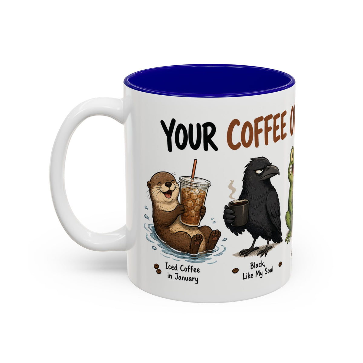 Coffee Order Personalities Animal Mug, another view. Wraparound mug of cute cartoon animals, each matched to a different coffee order