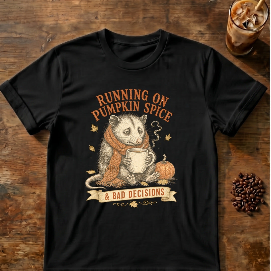 Opossum graphic for Pumpkin Spice & Bad Decisions Opossum on Black T-shirt