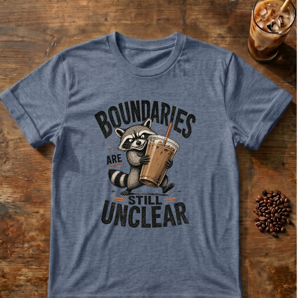 Raccoon graphic for Boundaries Are Still Unclear Raccoon on Heather-Indigo T-shirt