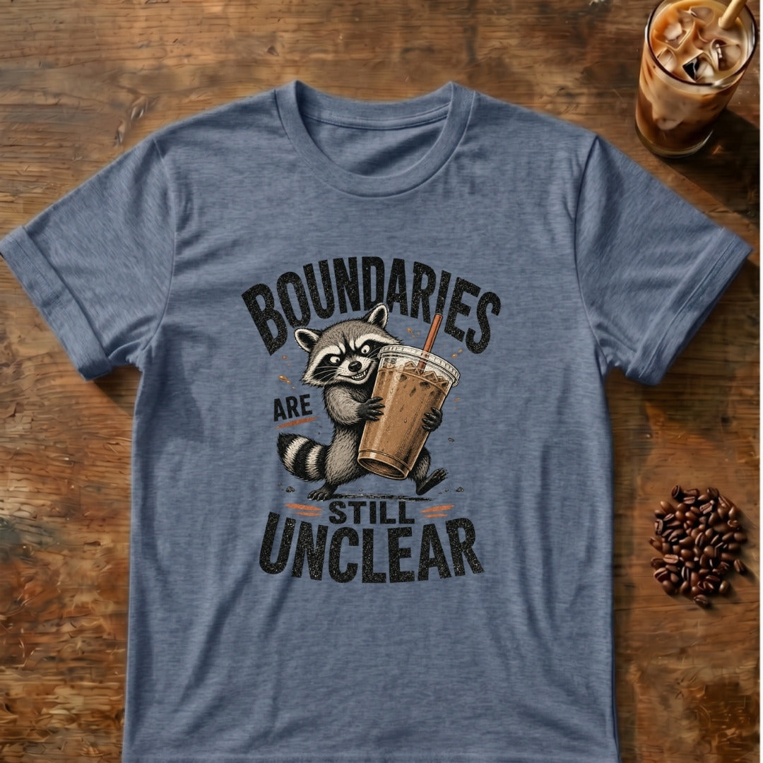 Raccoon graphic for Boundaries Are Still Unclear Raccoon on Heather-Indigo T-shirt