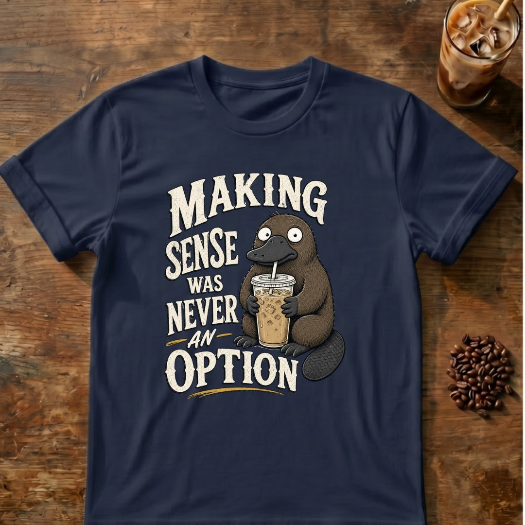 Platypus graphic for Making Sense Was Never an Option Platypus on Navy T-shirt