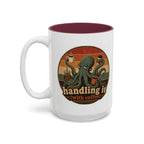 Handling It With Coffee Octopus Mug, 15 oz, white with maroon interior. Sleepy octopus juggling four coffees with “Handling It (With Coffee)” text