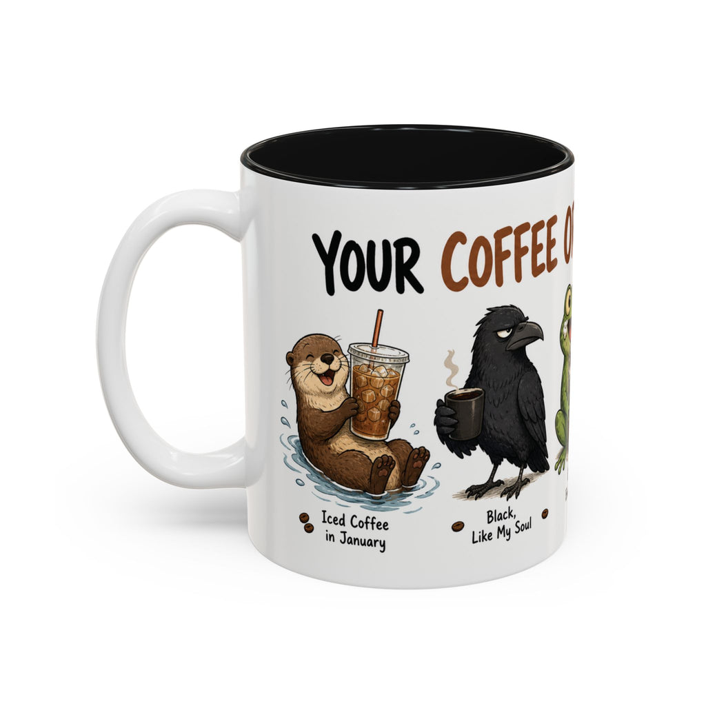 Coffee Order Personalities Animal Mug, another view. Wraparound mug of cute cartoon animals, each matched to a different coffee order