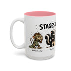 Stages of Morning Animal Coffee Mug, 15 oz, white with pink interior. Wraparound mug of cute animals, including a koala and a skunk, going through the “Stages of Morning” with coffee