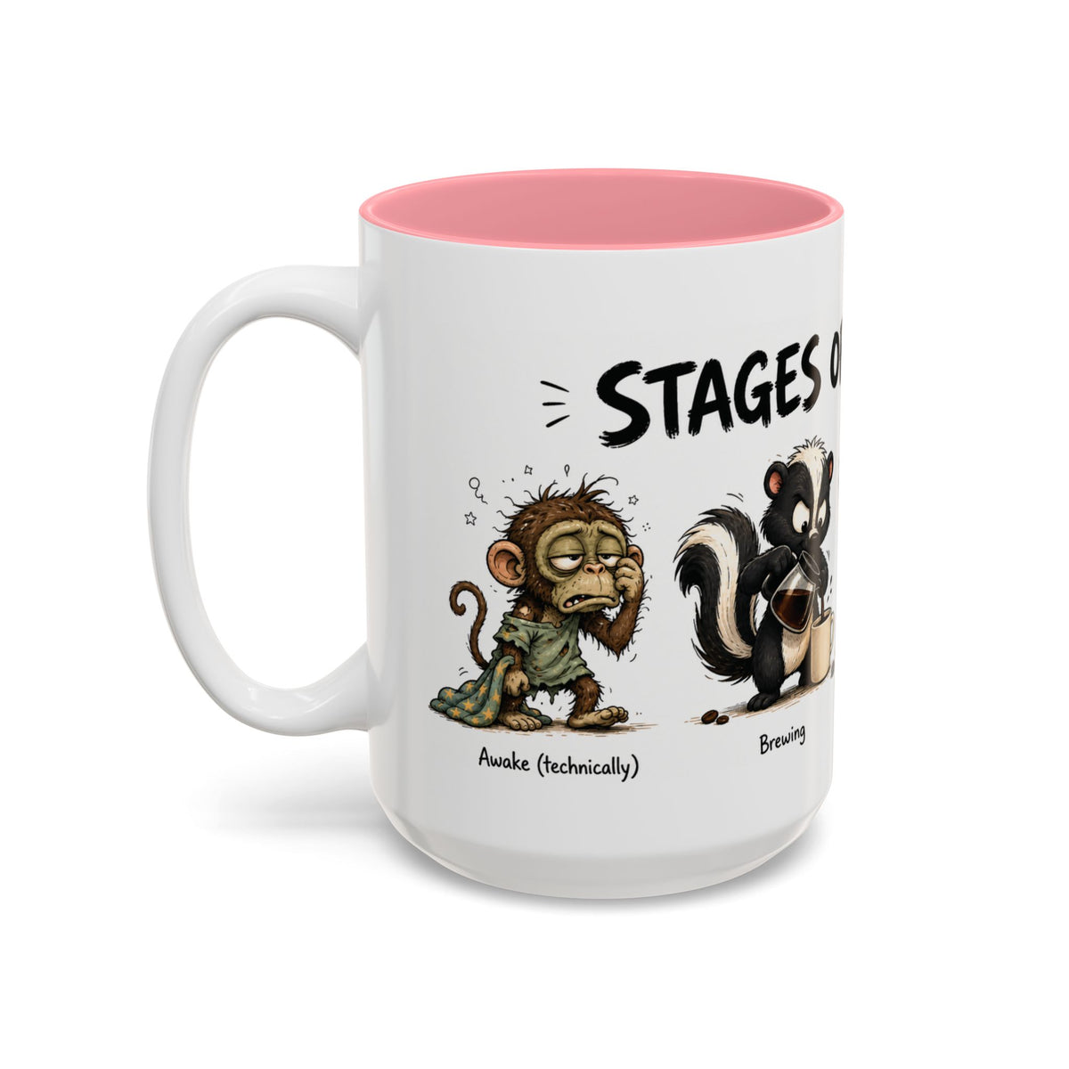 Stages of Morning Animal Coffee Mug, 15 oz, white with pink interior. Wraparound mug of cute animals, including a koala and a skunk, going through the “Stages of Morning” with coffee