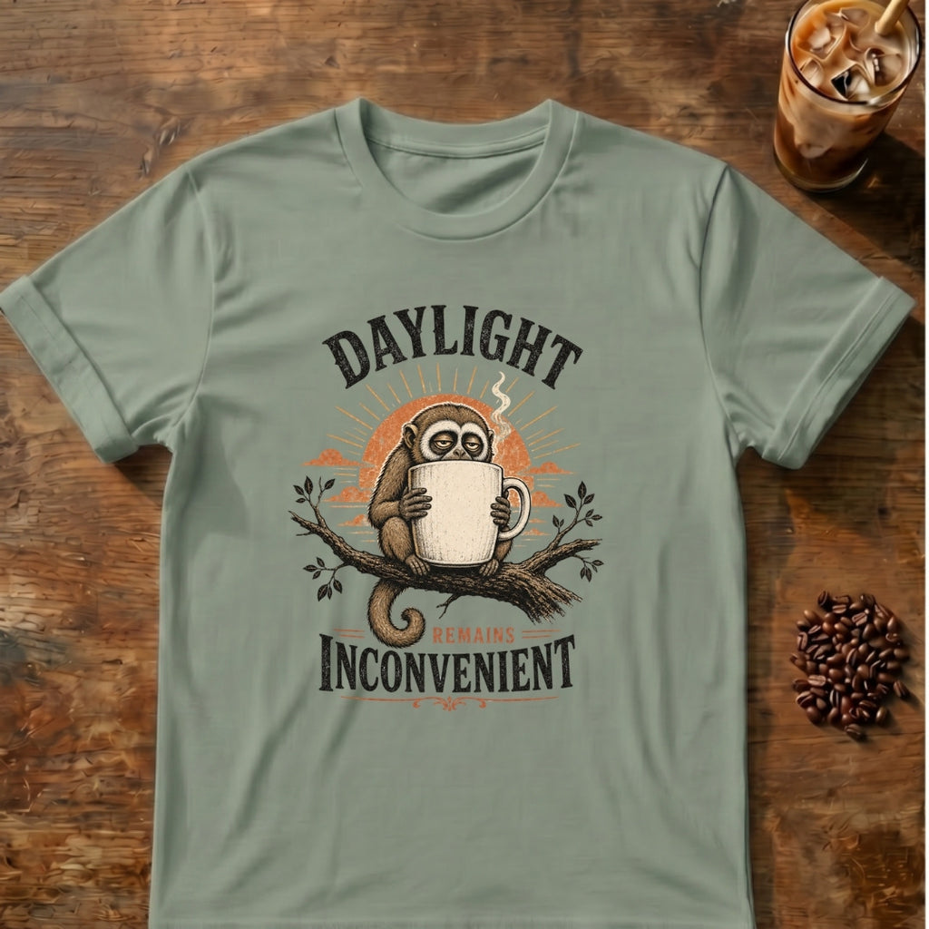 Owl Monkey graphic for Daylight Remains Inconvenient Owl Monkey on Sage T-shirt