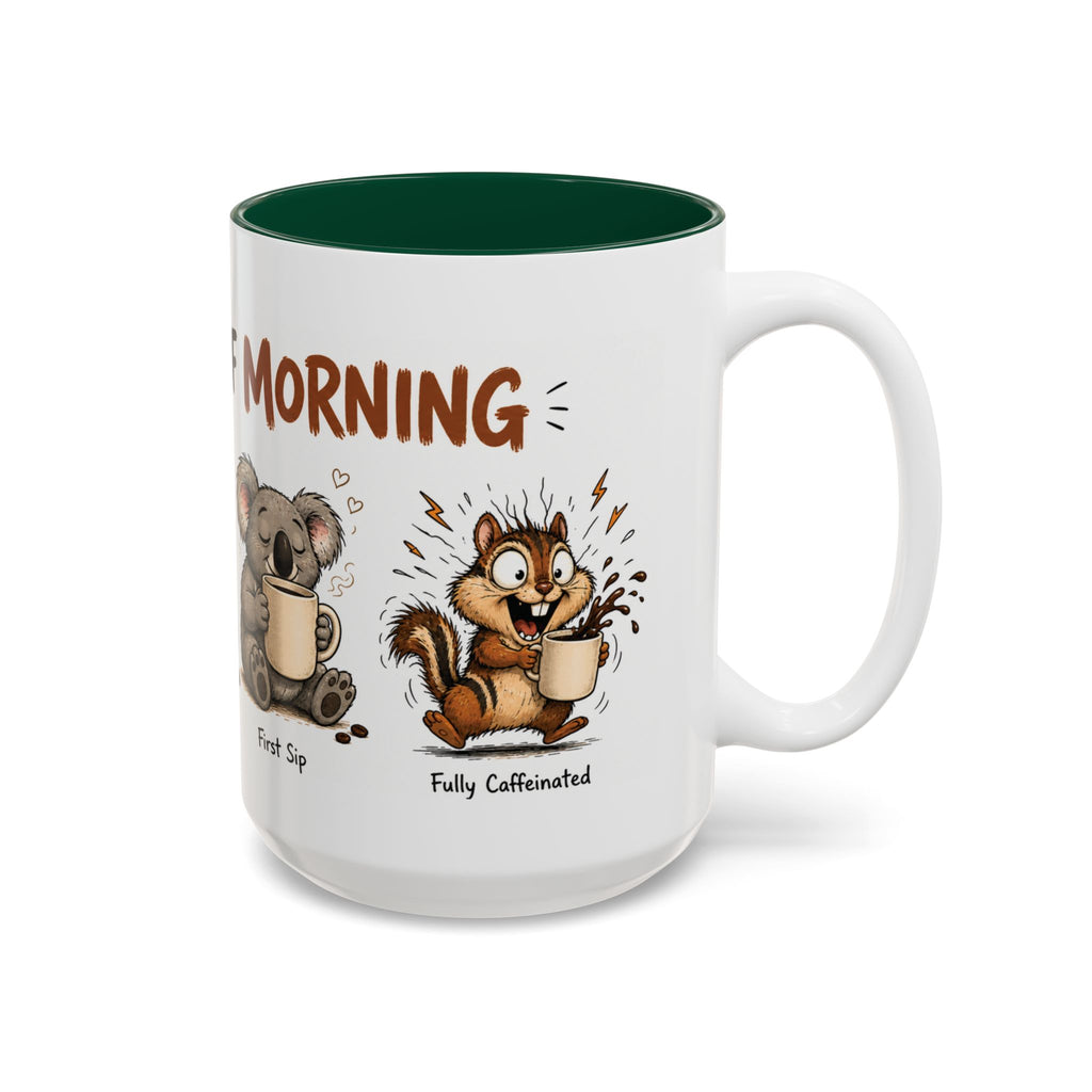 Stages of Morning Animal Coffee Mug, 15 oz, white with green interior. Wraparound mug of cute animals, including a koala and a skunk, going through the “Stages of Morning” with coffee