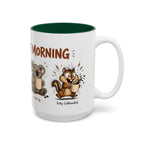 Stages of Morning Animal Coffee Mug, 15 oz, white with green interior. Wraparound mug of cute animals, including a koala and a skunk, going through the “Stages of Morning” with coffee