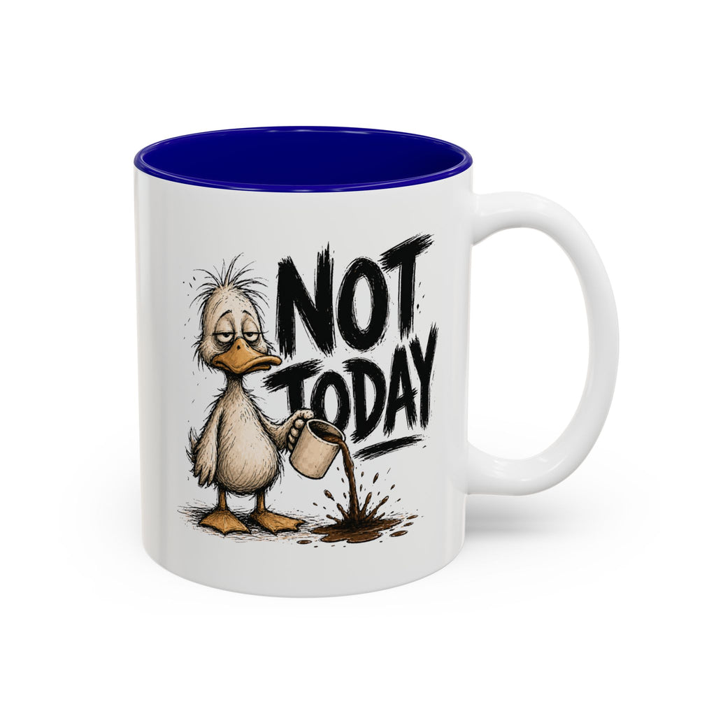 Not Today Duck Coffee Mug, another view. Wild-haired duck watching his coffee spill from a tipped mug