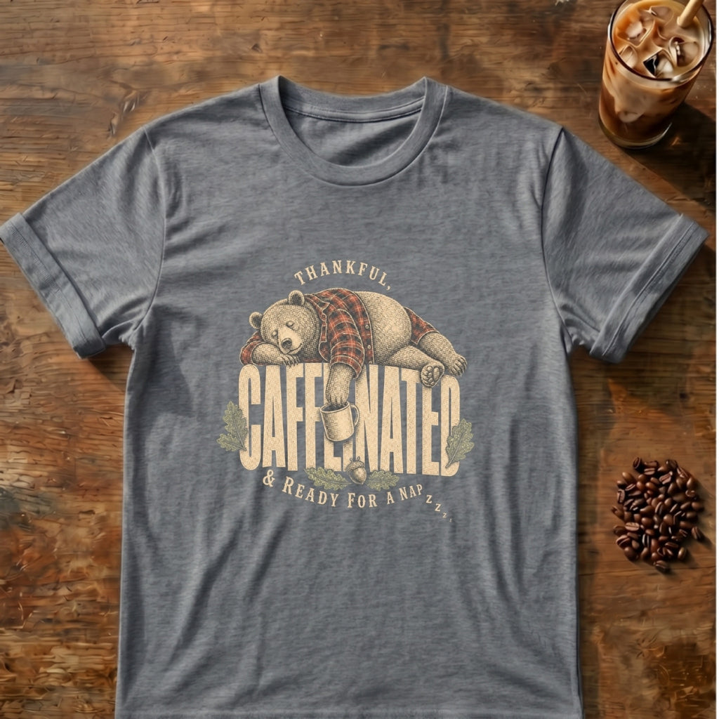 Bear graphic for Thankful Caffeinated Bear on Graphite-Heather T-shirt