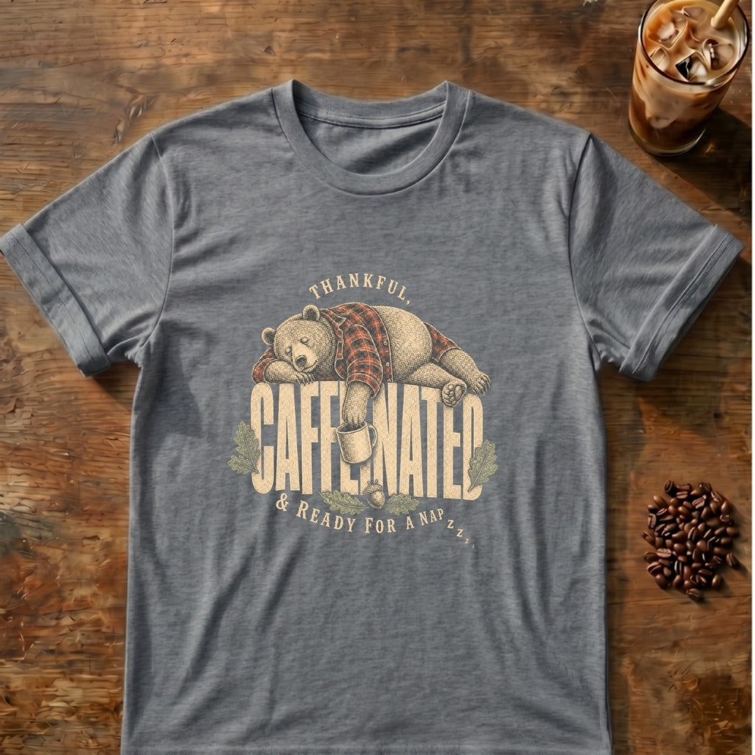 Bear graphic for Thankful Caffeinated Bear on Graphite-Heather T-shirt