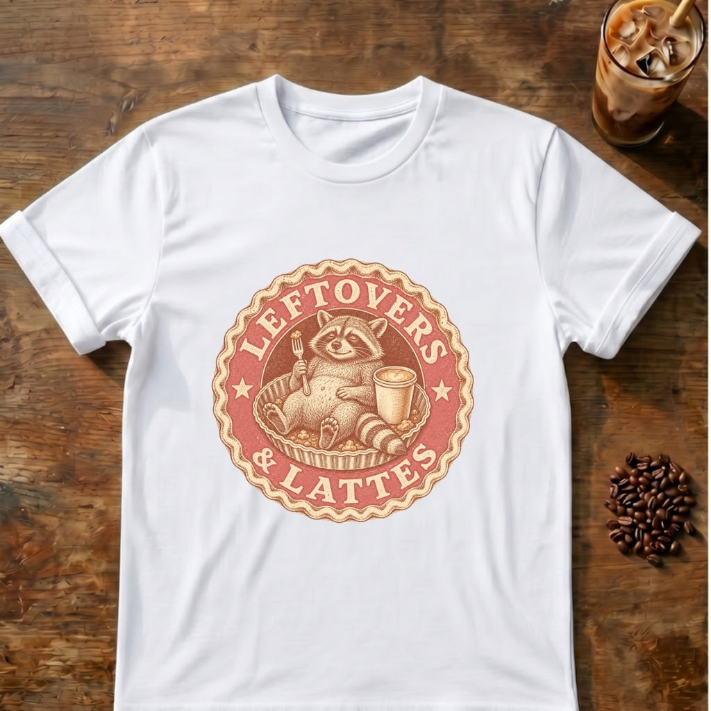 Contented raccoon lounging in a pie tin with a fork and a latte inside a round badge with the words Leftovers & Lattes on a White T-shirt.