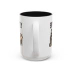 Everyone Copes Differently Animal Coffee Mug, another view. Wraparound mug with a raccoon, sloth, squirrel, duck and otter coping with coffee under “Everyone Copes Differently”