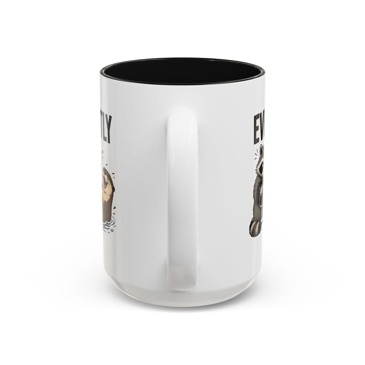 Everyone Copes Differently Animal Coffee Mug, another view. Wraparound mug with a raccoon, sloth, squirrel, duck and otter coping with coffee under “Everyone Copes Differently”