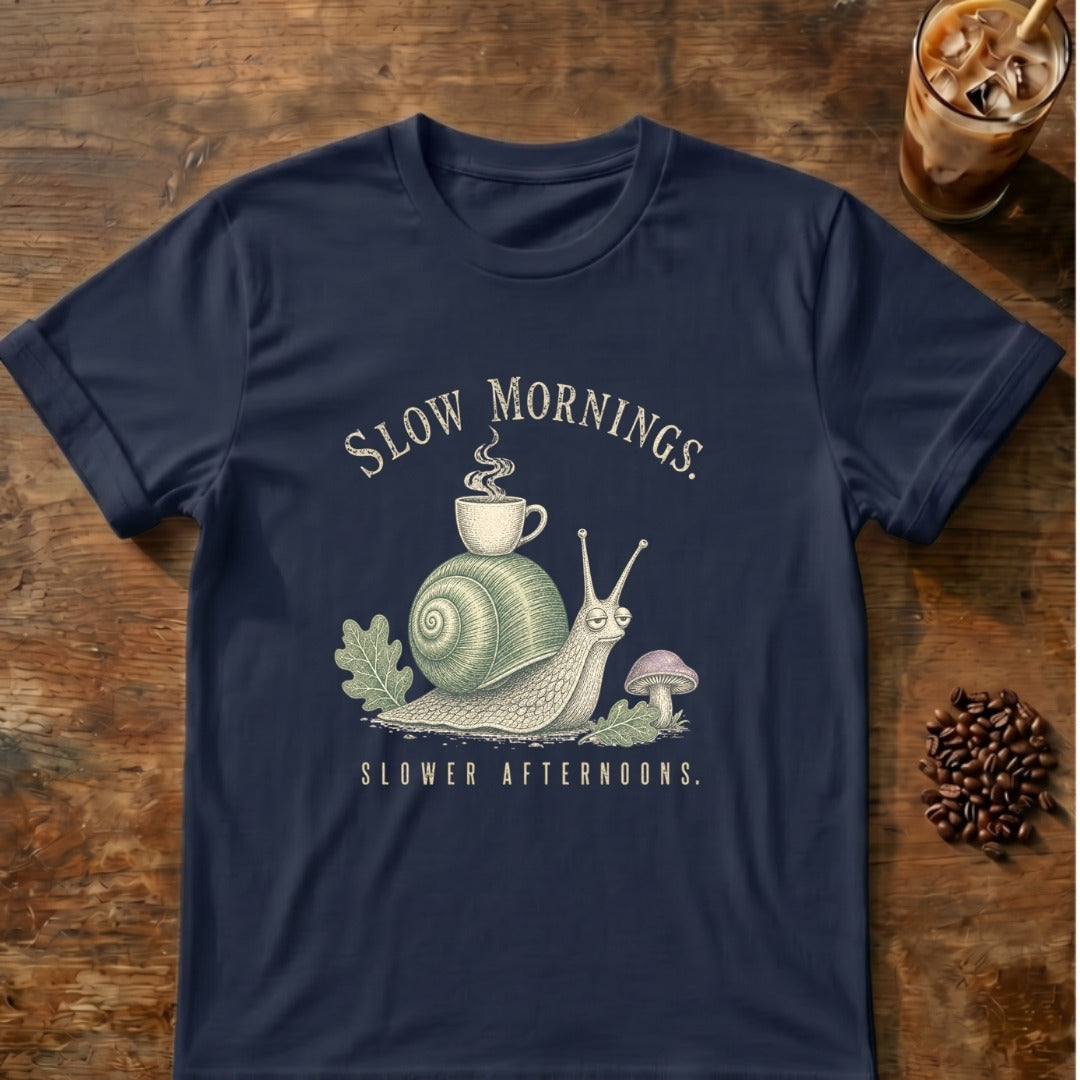 Snail graphic for Slow Mornings Snail on Navy T-shirt