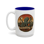 Handling It With Coffee Octopus Mug, 15 oz, white with blue interior. Sleepy octopus juggling four coffees with “Handling It (With Coffee)” text