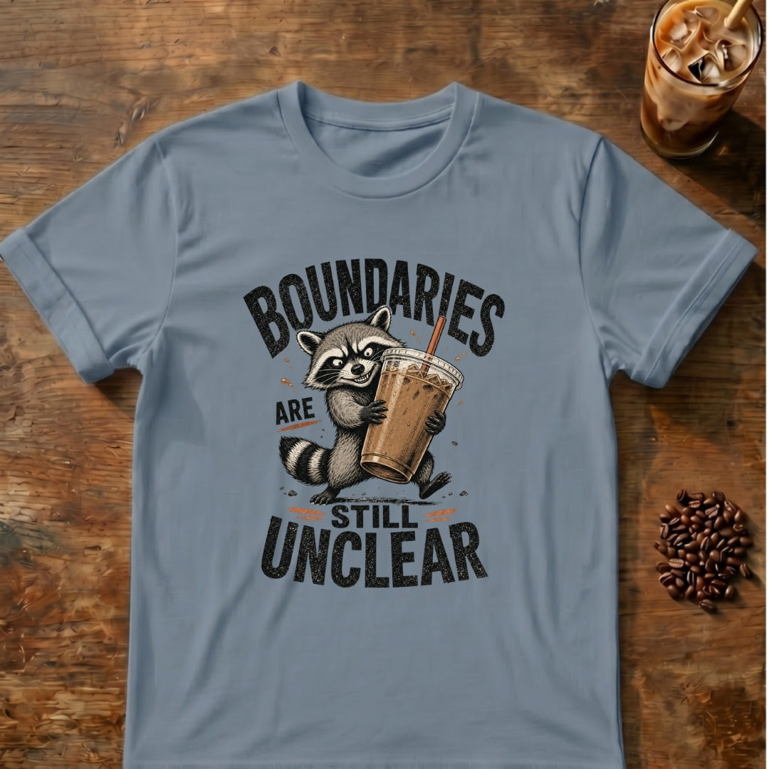 Raccoon graphic for Boundaries Are Still Unclear Raccoon on Stone-Blue T-shirt