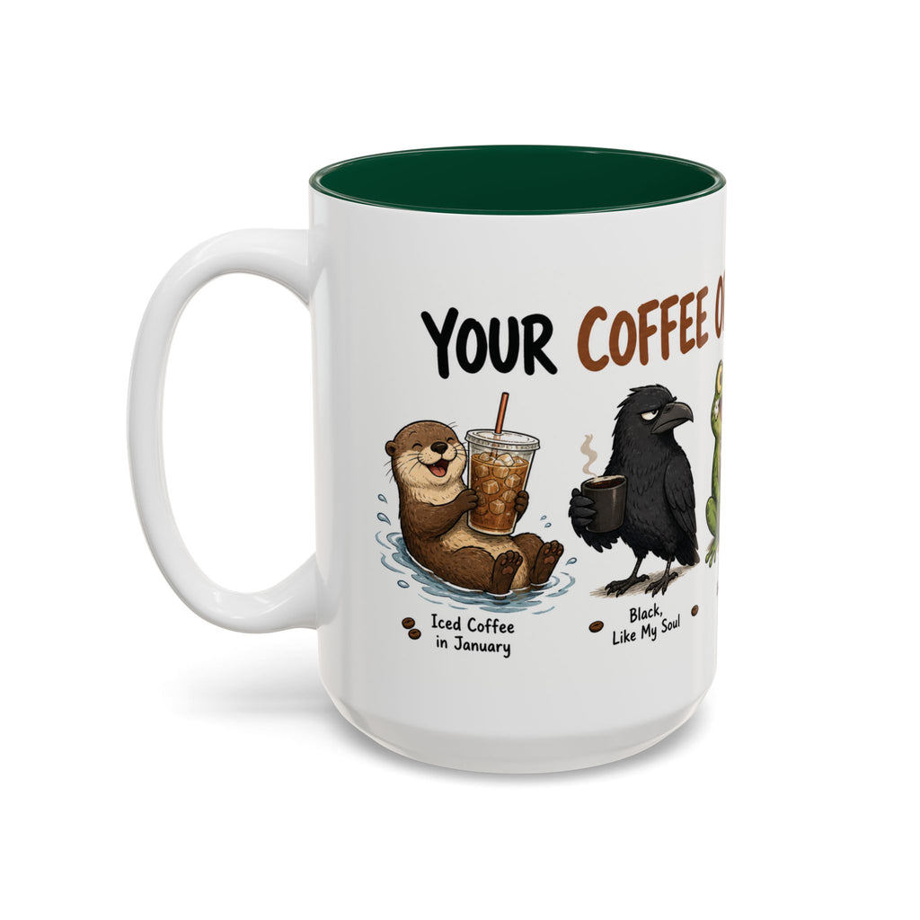 Coffee Order Personalities Animal Mug, another view. Wraparound mug of cute cartoon animals, each matched to a different coffee order