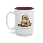 Still Not Fully Charged Platypus Coffee Mug, another view. Sleepy platypus sipping iced coffee with “still not fully charged” text