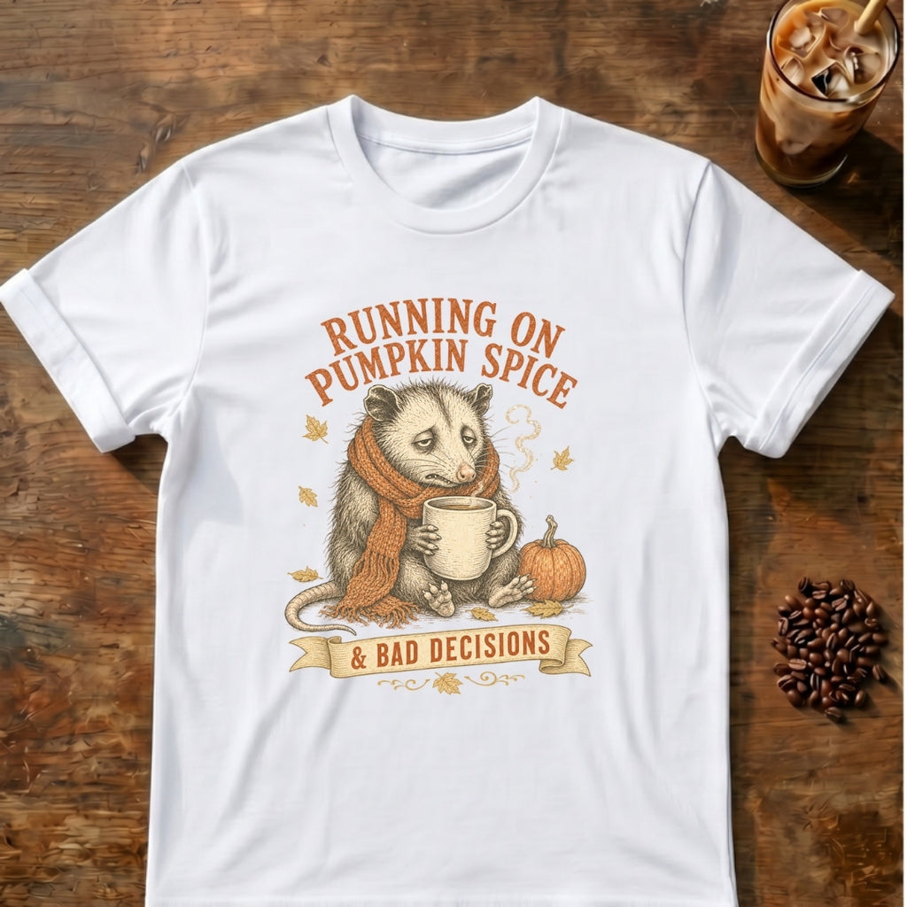 Sleepy opossum in a scarf holding a steaming mug beside a pumpkin with the words Running on Pumpkin Spice & Bad Decisions on a White T-shirt.
